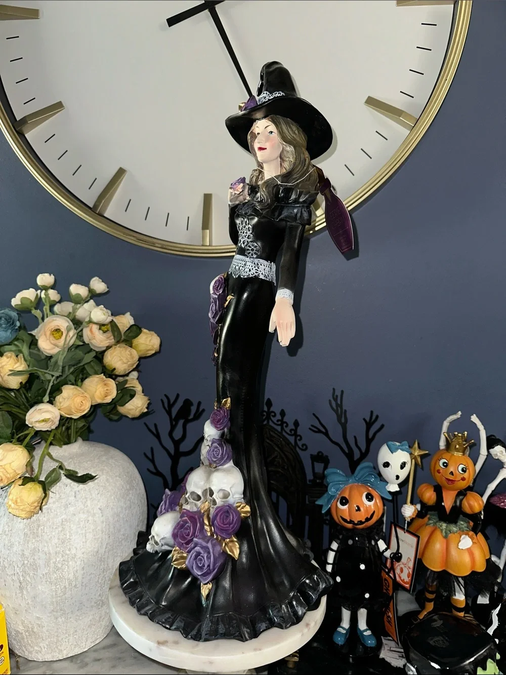 Gothic Witch Figurine with Purple Roses and Skulls 24”